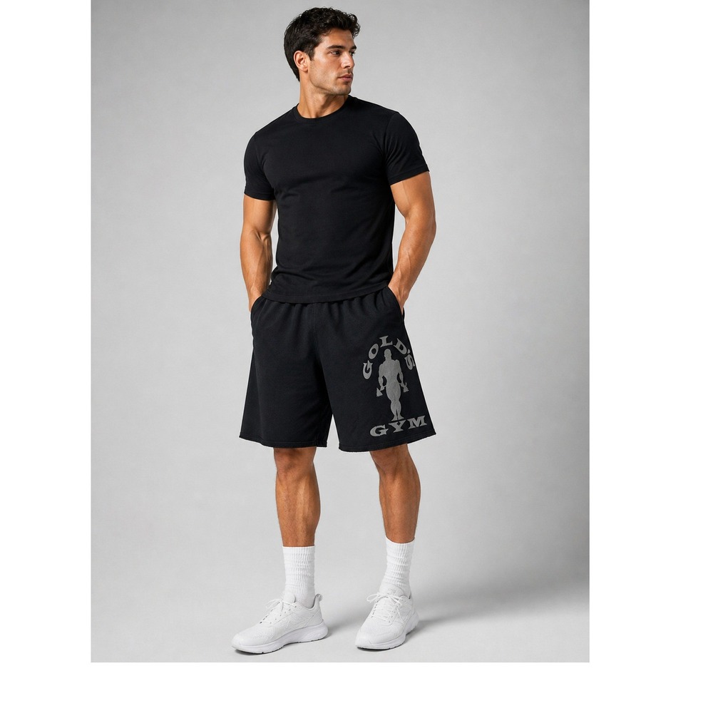 Golds Gym Mens Black Athletic Training Shorts Zipper Pockets Joe Gold Logo L